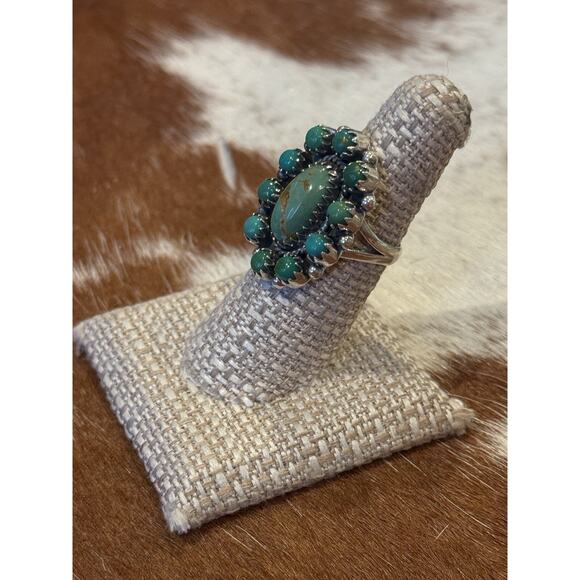 Native American 925 SW Sterling Silver & Green Turquoise Cluster Ring🌵Snake Eye - Picture 3 of 11